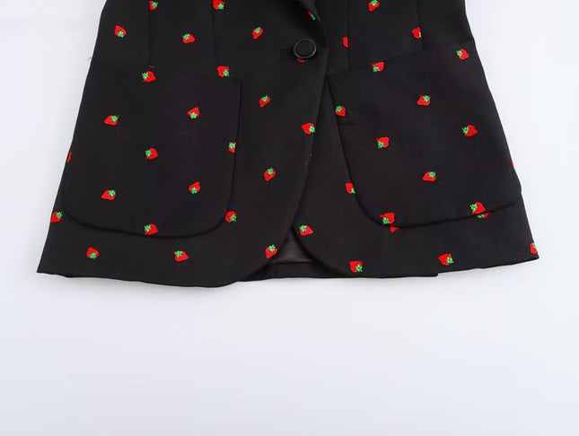 Black Color Fruit Print Black Color Long Sleeve Notched Collar Casual Fashion blazer for Women
