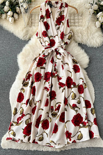 Sleeveless V-neck Print A-line Dress Summer Vintage High Waist Midi Dress Ladies Casual Dress Clothes Women Wholesale