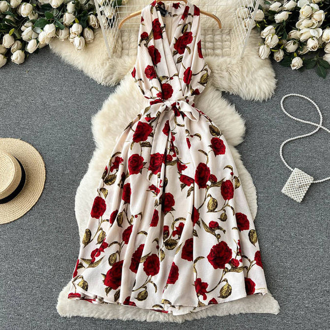 Sleeveless V-neck Print A-line Dress Summer Vintage High Waist Midi Dress Ladies Casual Dress Clothes Women Wholesale