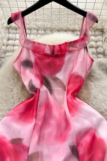2024 Summer Fashion Waistband Slim Mid Length Halo Dyed Pink Print Strap Dress Beach Resort Dress