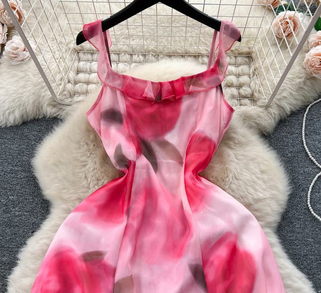 2024 Summer Fashion Waistband Slim Mid Length Halo Dyed Pink Print Strap Dress Beach Resort Dress