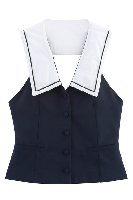 Back Hollow Out Buttons up Navy Color Hot Sale Casual Fashion Women's tank Tops