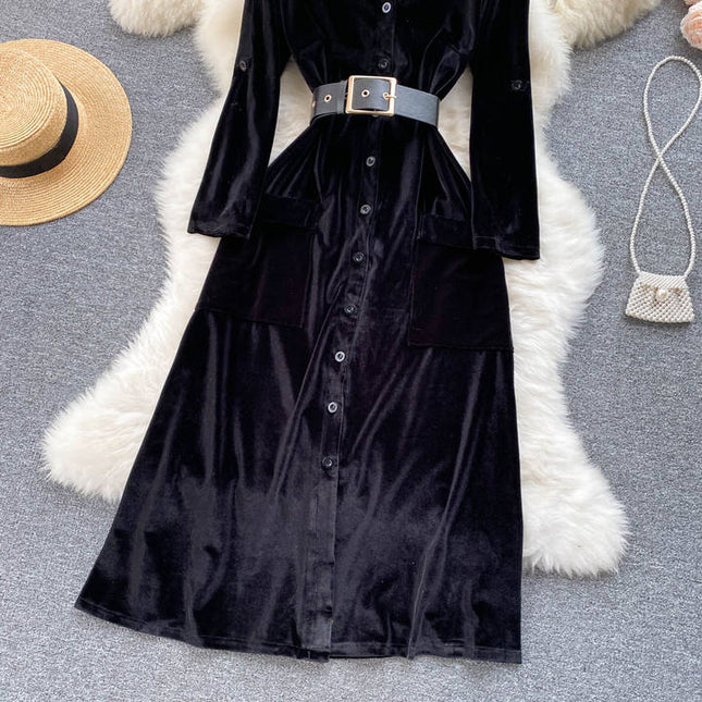Autumn and Winter New Thickened Velvet Professional Dress A-line Slim Knee Length French Dress