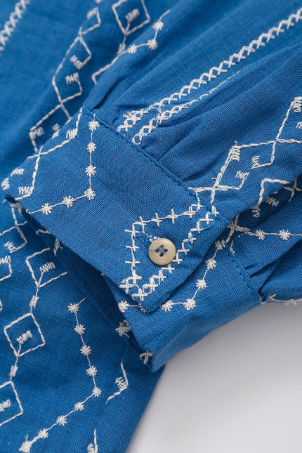 V Neck Blue Color Embroidery Buttons up Long Sleeve Casual Fashion Tops Blouse for Women