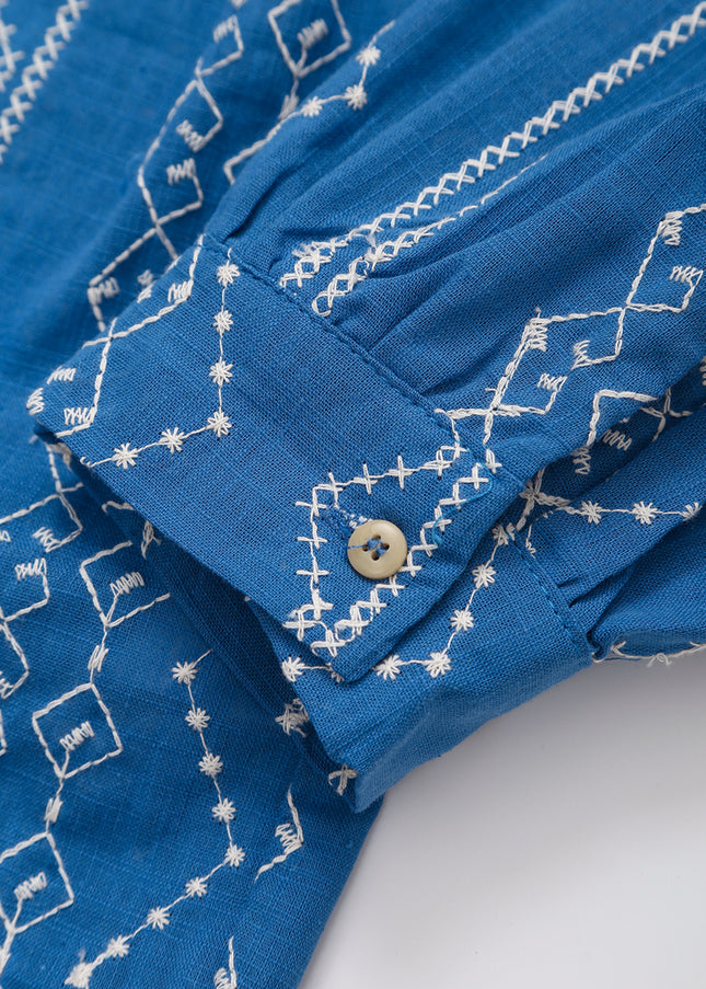 V Neck Blue Color Embroidery Buttons up Long Sleeve Casual Fashion Tops Blouse for Women
