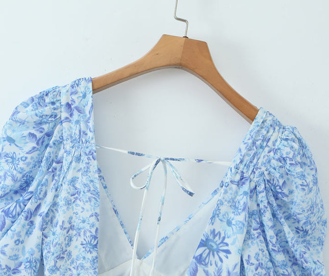 Blue White Color Floral Print v Neck Short Sleeve Casual Fashion Mini Dress for Women