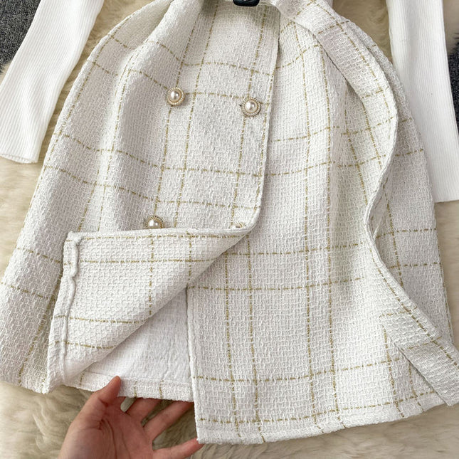 Women a Line Tweed Straps Dress Two-piece Bottoming Sweater Female Knitted Dress Set