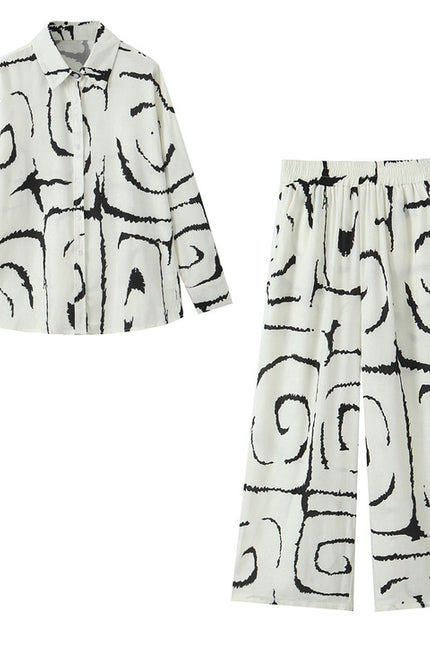 Beige Black Color Print Long Sleeve Buttons up Turn Down Collar Casual Fashion Tops Blouse for Women