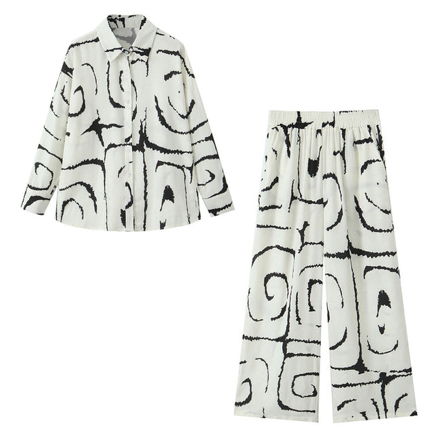 Beige Black Color Print Long Sleeve Buttons up Turn Down Collar Casual Fashion Tops Blouse for Women