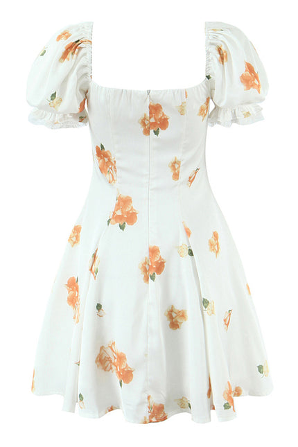 Square Collar Floral Print Lace up White Color Short Sleeve Casual Fashion Summer Mini Dress for Women
