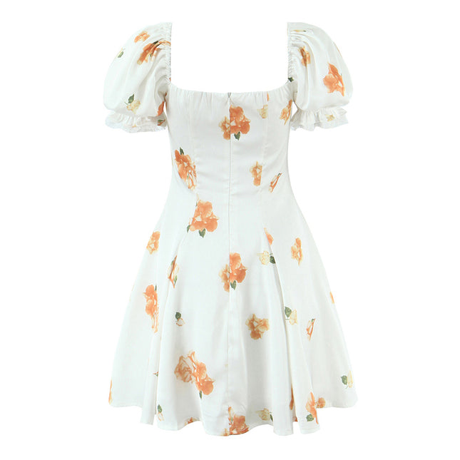 Square Collar Floral Print Lace up White Color Short Sleeve Casual Fashion Summer Mini Dress for Women