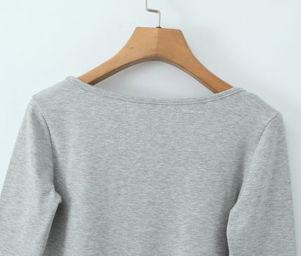 Square Collar Long Sleeve Gray Color Hot Sale Casual Fashion Cotton t Shirt for Women