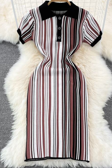Summer New Retro Polo Collar Slim Striped Tight Knit Short Sleeve Dresses
