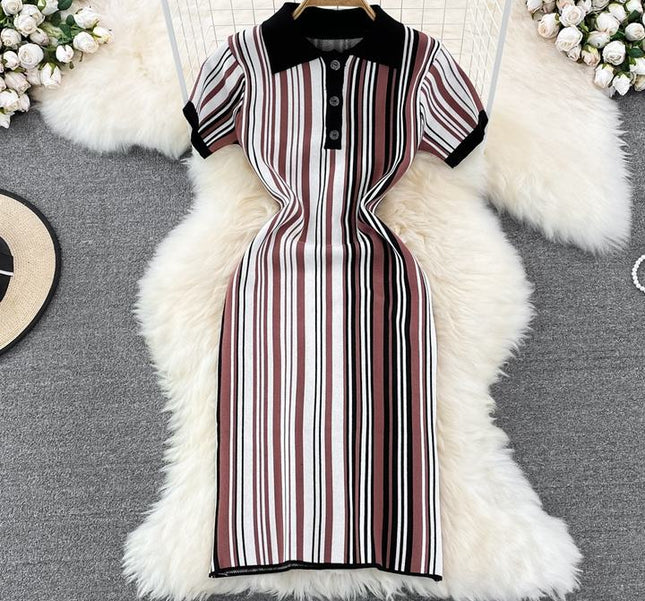 Summer New Retro Polo Collar Slim Striped Tight Knit Short Sleeve Dresses