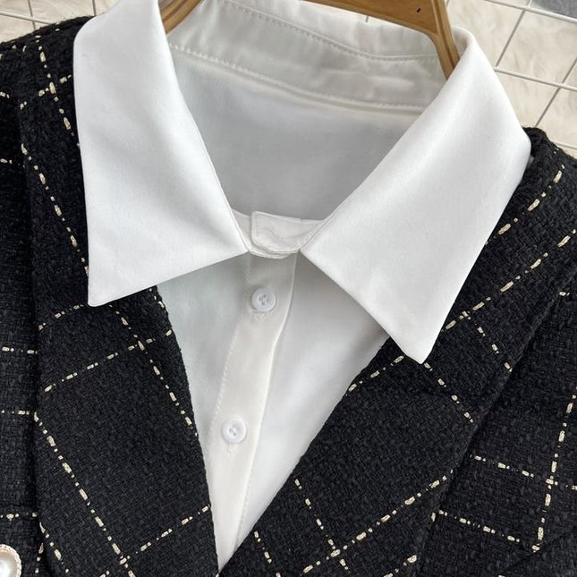 Women'S Long Single-Breasted Tweed Vest Jacket Loose White Shirt Two Piece Set