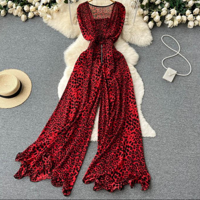 Women Square Neck Sleeveless Summer New Waisted Loose Wide Leg Pants Leopard Print Jumpsuit