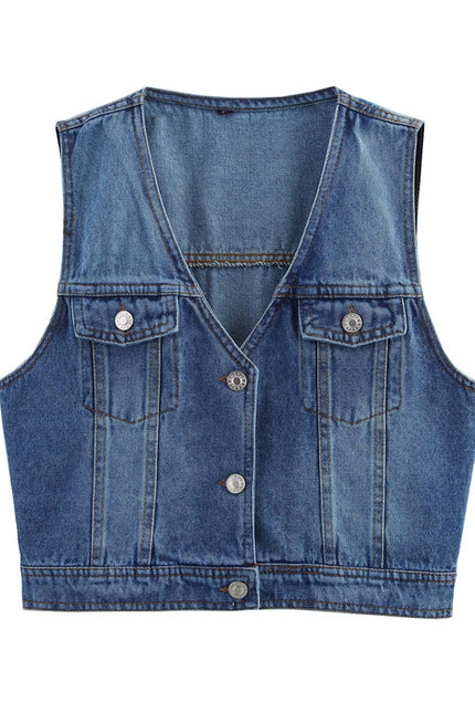 V Neck Buttons up Denim Blue Color Casual Fashion Jeans Vest Waistcoat for Women