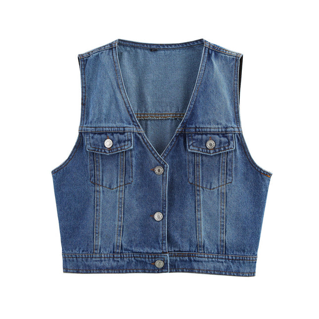 V Neck Buttons up Denim Blue Color Casual Fashion Jeans Vest Waistcoat for Women