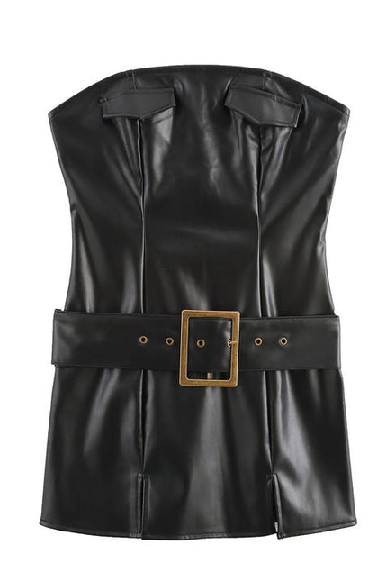 Strapless black color sashes casual fashion mini leather dress for ladies