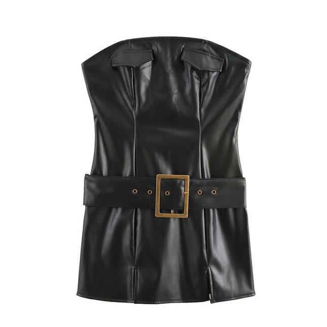 Strapless black color sashes casual fashion mini leather dress for ladies