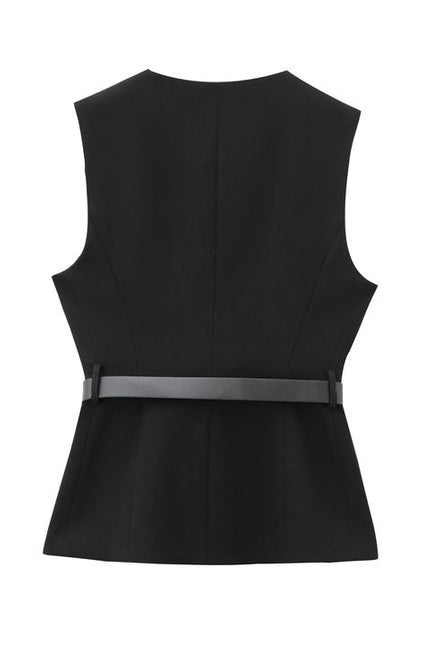 Crew Neck Sashes Buttons up Sleeveless Black Color Casual Fashion Women's Vests & Waistcoats