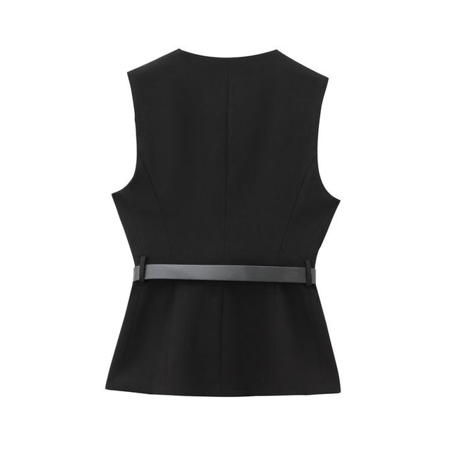 Crew Neck Sashes Buttons up Sleeveless Black Color Casual Fashion Women's Vests & Waistcoats