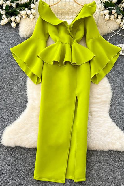 Women's Green V-Neck Ruffle Patchwork Flared Sleeve Split Party Dresses