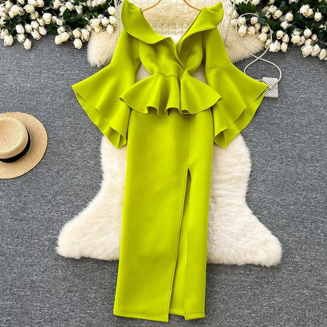 Women's Green V-Neck Ruffle Patchwork Flared Sleeve Split Party Dresses