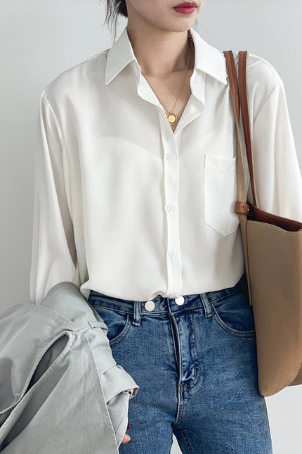 High Quality Spring New Solid Color Simple Long Sleeve Lapel Shirt Female