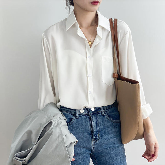 High Quality Spring New Solid Color Simple Long Sleeve Lapel Shirt Female