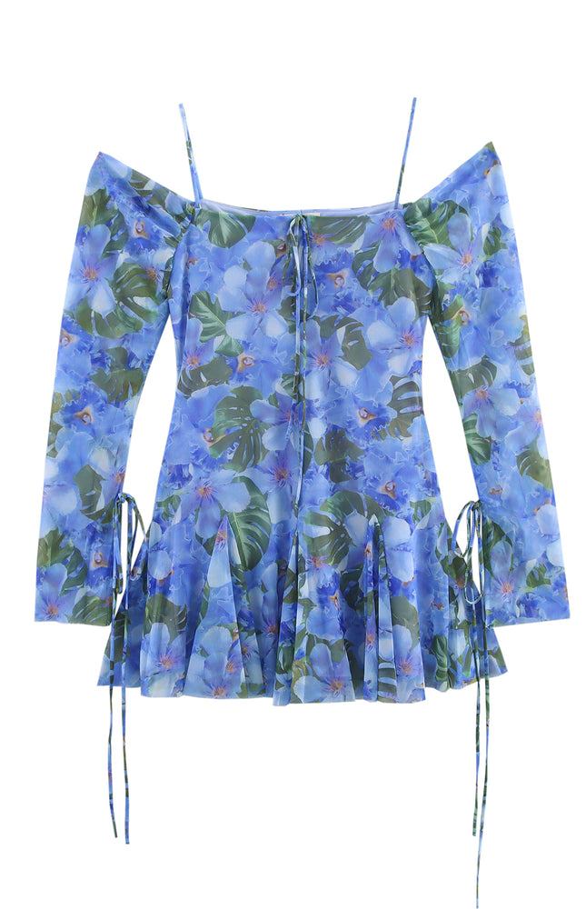 Slash Neck Floral Print Spaghetti Strap Side Lace up Casual Fashion Mini Dress for Women