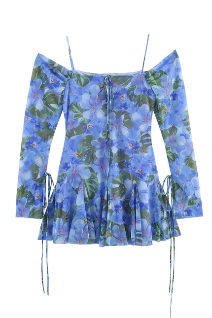 Slash Neck Floral Print Spaghetti Strap Side Lace up Casual Fashion Mini Dress for Women