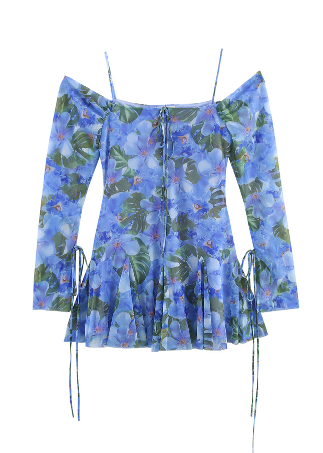 Slash Neck Floral Print Spaghetti Strap Side Lace up Casual Fashion Mini Dress for Women