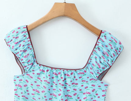 Shoulder Strap Blue Color Fruit Print Front Lace up Casual Fashion Women's tank Tops