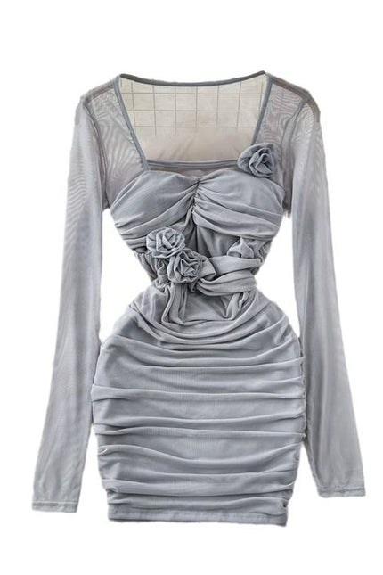 Spicy Girl Sexy Long Sleeve Square Neck Waist Shrinking Mesh Perspective 3D Flower Wrap Hip Dress