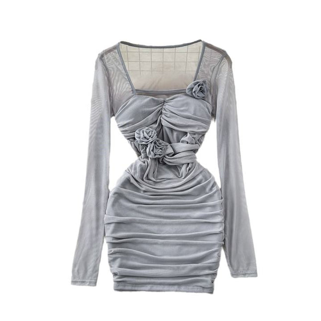 Spicy Girl Sexy Long Sleeve Square Neck Waist Shrinking Mesh Perspective 3D Flower Wrap Hip Dress