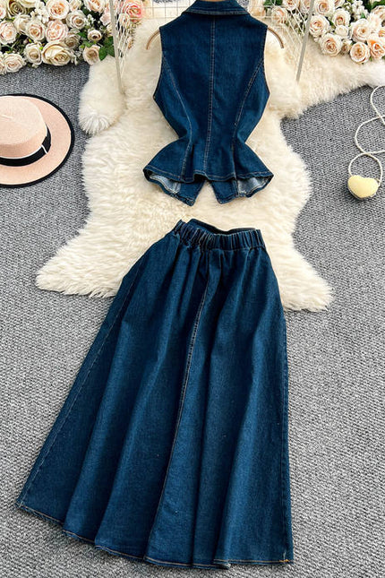 Set of Women's Summer Light Mature Style Pleated Waist Denim Top+high Waist Slimming Skirt