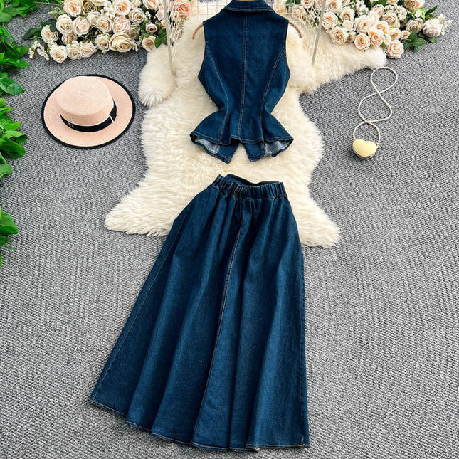 Set of Women's Summer Light Mature Style Pleated Waist Denim Top+high Waist Slimming Skirt