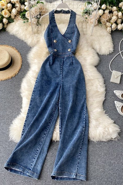 Vintage Wide Leg Women'S Suspenders Sleeveless Denim Jumpsuit