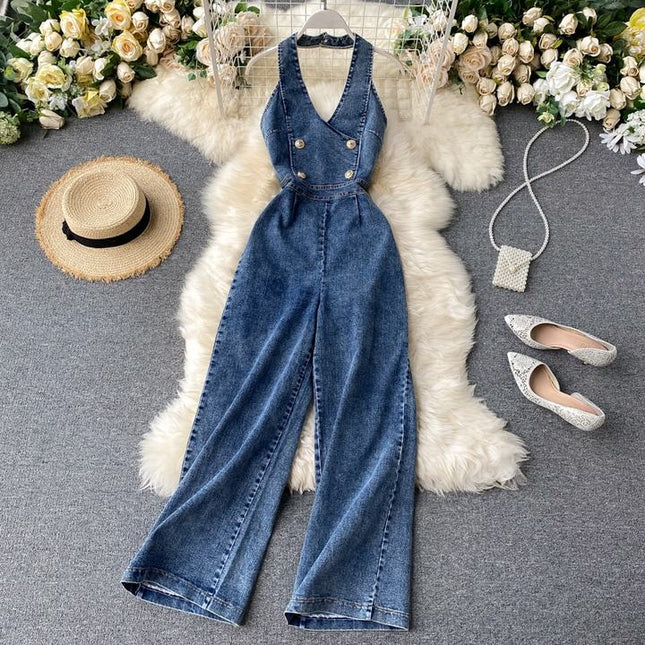 Vintage Wide Leg Women'S Suspenders Sleeveless Denim Jumpsuit
