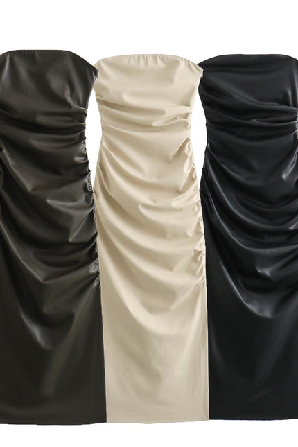 3 Colorway Zipper Fly Solid Color Pleated Strapless Casual Fashion Women Leather Long Dress