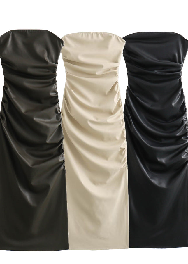 3 Colorway Zipper Fly Solid Color Pleated Strapless Casual Fashion Women Leather Long Dress