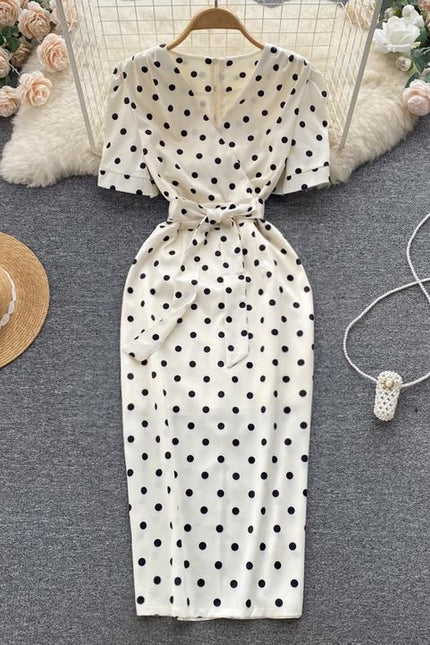 Summer Latest V Neck Short Sleeve Straight Casual Polka Dot Summer Dress