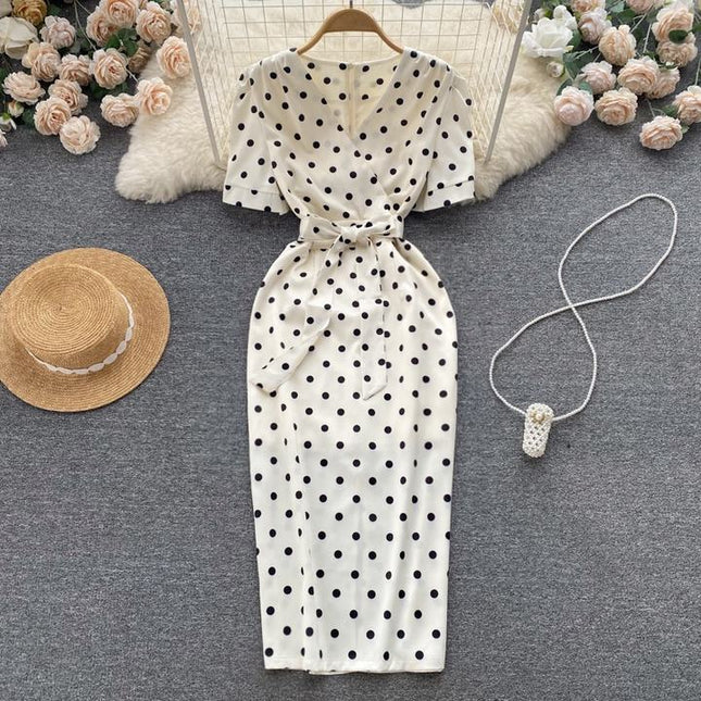 Summer Latest V Neck Short Sleeve Straight Casual Polka Dot Summer Dress