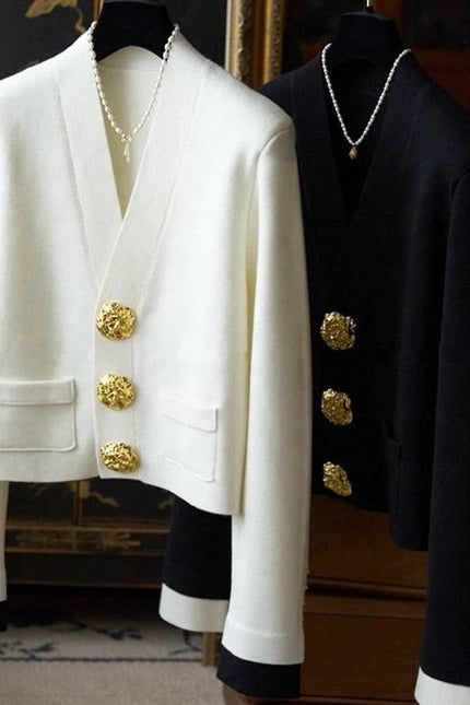 Knit Cardigan Women's Tops Autumn New Black and White Clashing Gold Buckle V-Neck Coat Jacket