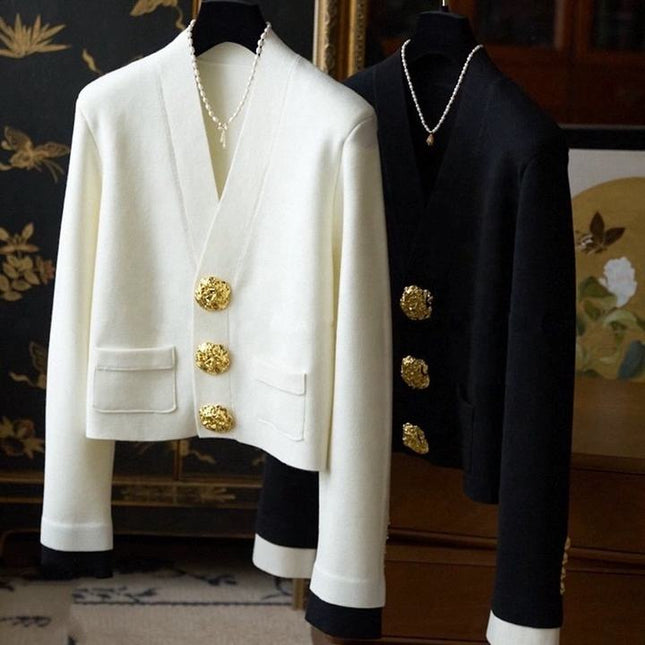 Knit Cardigan Women's Tops Autumn New Black and White Clashing Gold Buckle V-Neck Coat Jacket