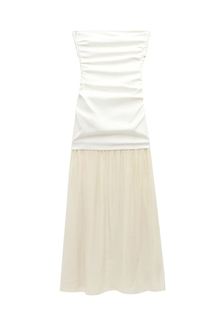 Strapless White Beige Color Patchwork Design Causal Fashion Long Summer Dress for Women