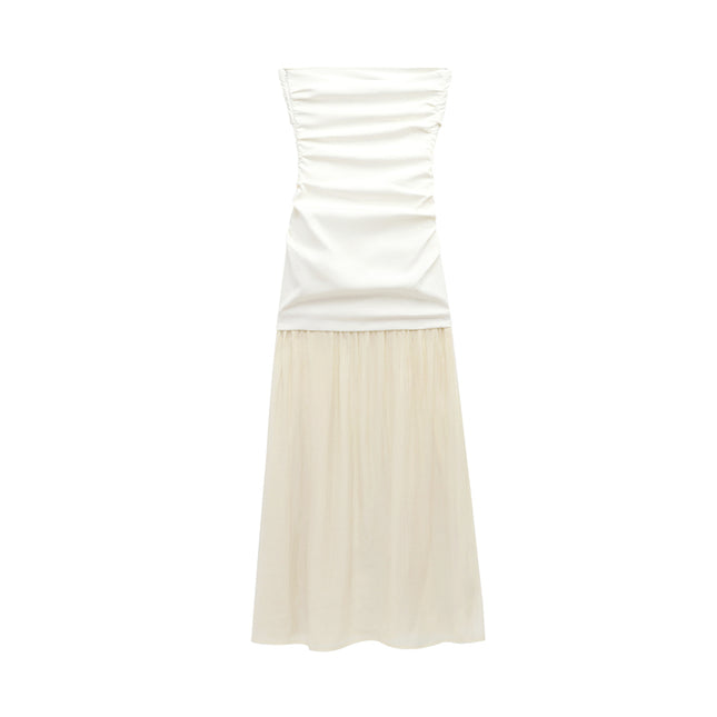 Strapless White Beige Color Patchwork Design Causal Fashion Long Summer Dress for Women
