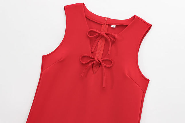 2 Colorway Solid Color Crew Neck Sleeveless Front Lace up Casual Fashion Summer Mini Dress for Women