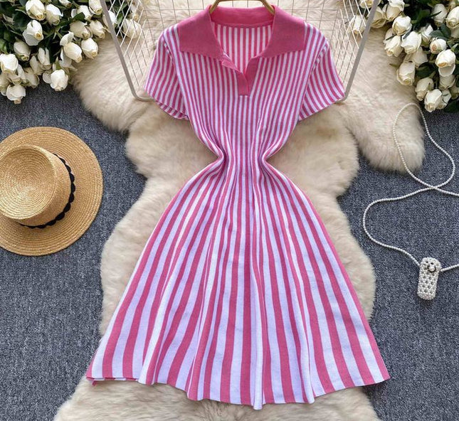 Cor Vintage francês Clash lapela manga curta listrada das mulheres A linha de malha Mini vestidos